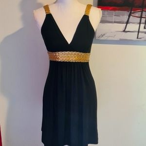 Soprano Asymmetrical dress black with beautiful braided gold details. Size S-M